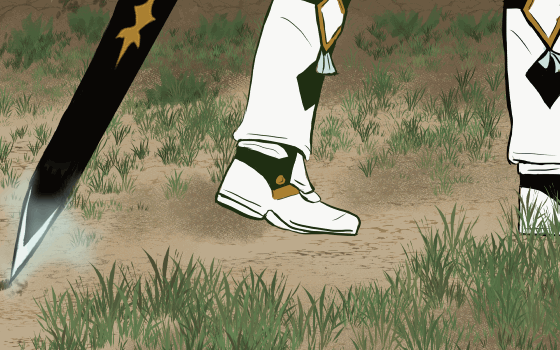 Booted feet trudge out of frame, the tip of a sword dragging behind them in the dirt.
