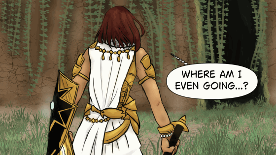 A warrior carrying a shield and dragging a sword behind them trudges away from the viewer. A thought bubble coming from them says, "Where am I even going...?"